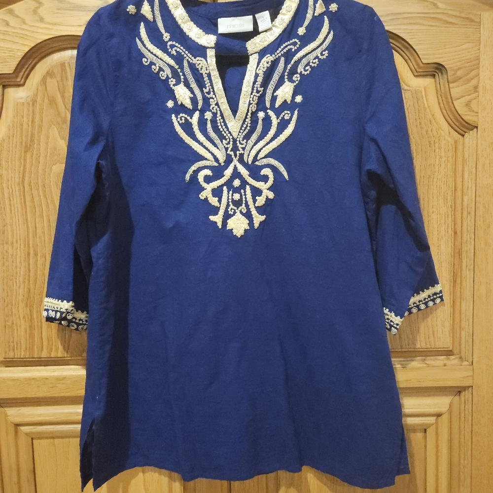 CHICO'S NAVY TUNIC BLOUSE, GOLD TRIM
